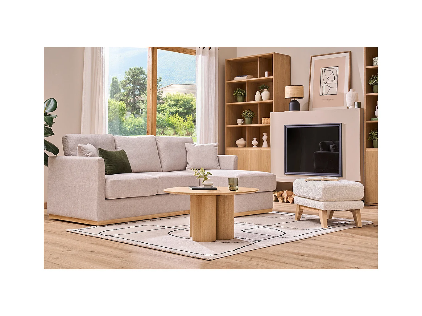 Canapé d'angle droit en tissu effet velours texturé beige 3 places MOSS