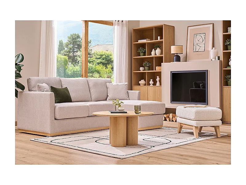 Canapé d'angle droit en tissu effet velours texturé beige 3 places MOSS