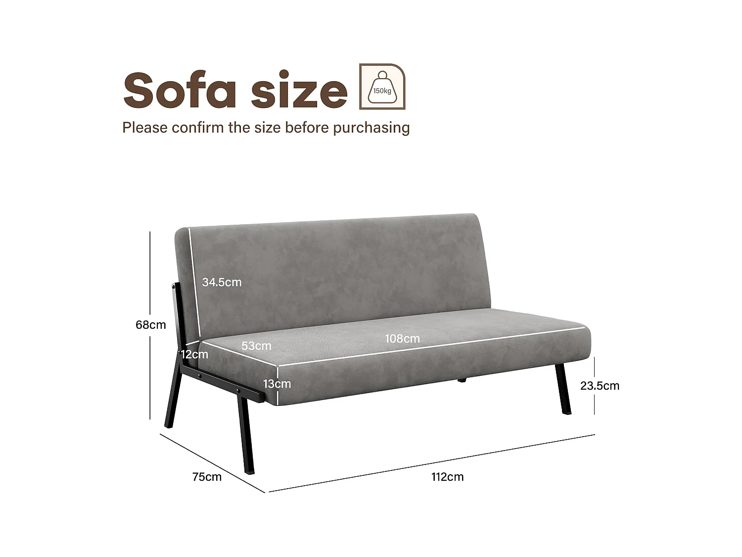 Canapé 2 Places en Tissu, 112cm Style Moderne Scandinave pour Salon, Appartement, Petit Espace, Cadre en métal, Gris