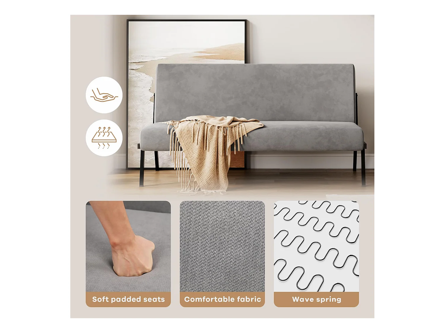 Canapé 2 Places en Tissu, 112cm Style Moderne Scandinave pour Salon, Appartement, Petit Espace, Cadre en métal, Gris