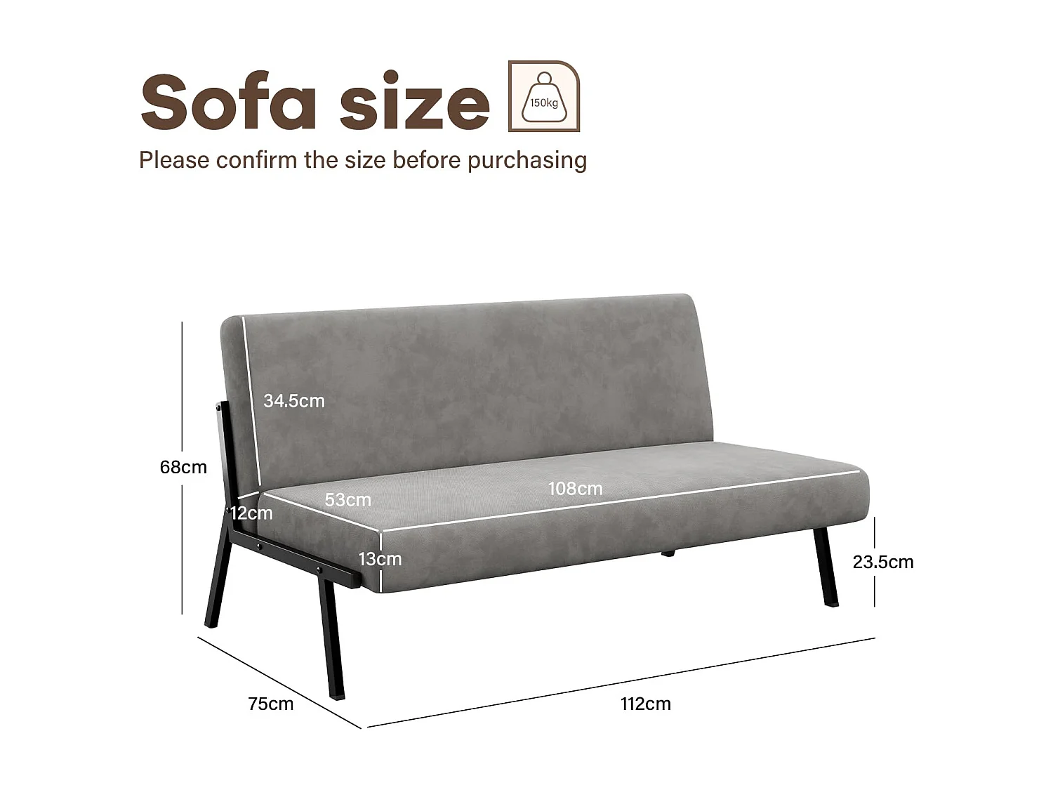 Canapé 2 Places en Tissu, 112cm Style Moderne Scandinave pour Salon, Appartement, Petit Espace, Cadre en métal, Gris