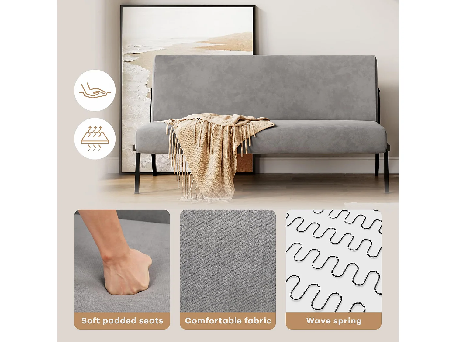 Canapé 2 Places en Tissu, 112cm Style Moderne Scandinave pour Salon, Appartement, Petit Espace, Cadre en métal, Gris