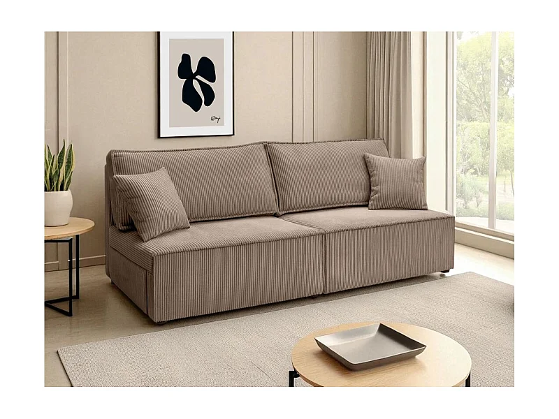 Canapé convertible 3 places FIONA sans accoudoirs coffre de rangement velours côtelé - Taupe