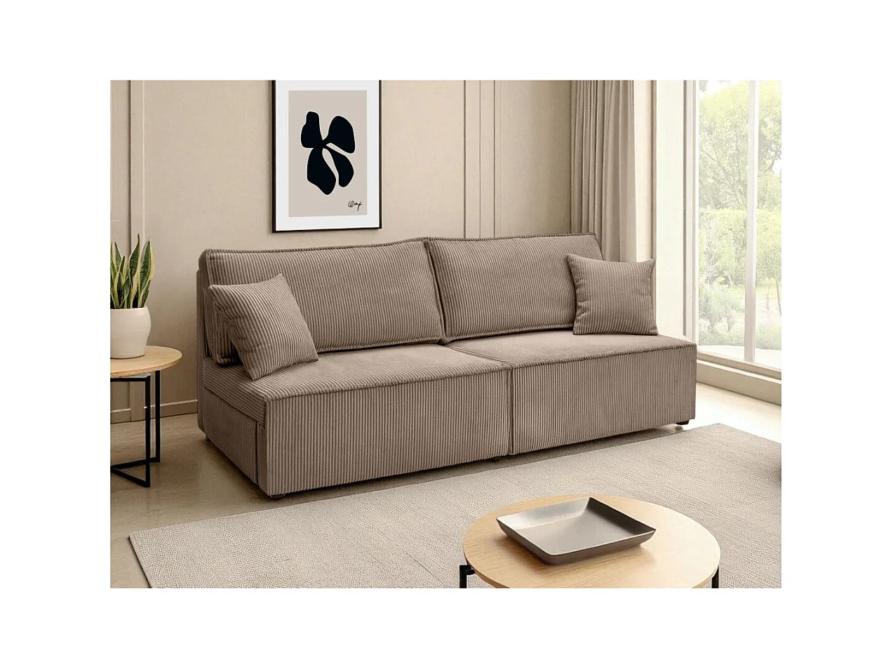 Canapé convertible 3 places FIONA sans accoudoirs coffre de rangement velours côtelé - Taupe