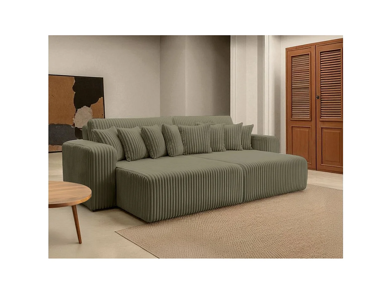 Canapé droit 4 places JADE double méridienne et assise profonde en velours côtelé épais - Vert Kaki