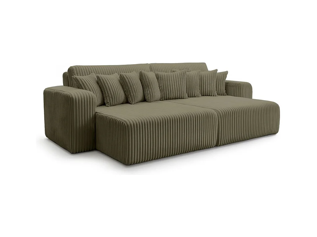 Canapé droit 4 places JADE double méridienne et assise profonde en velours côtelé épais - Vert Kaki