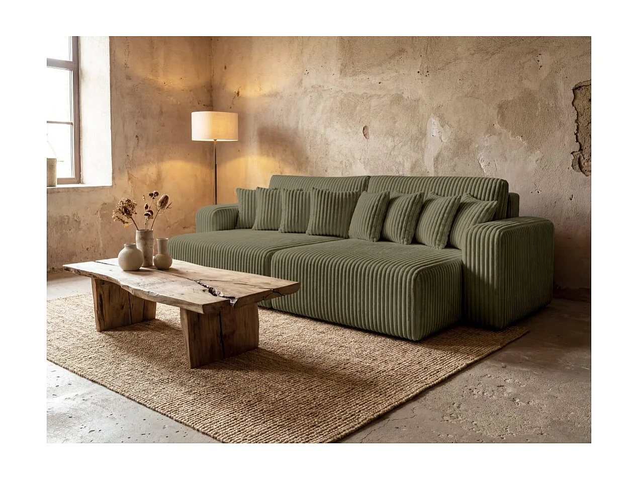 Canapé droit 4 places JADE double méridienne et assise profonde en velours côtelé épais - Vert Kaki