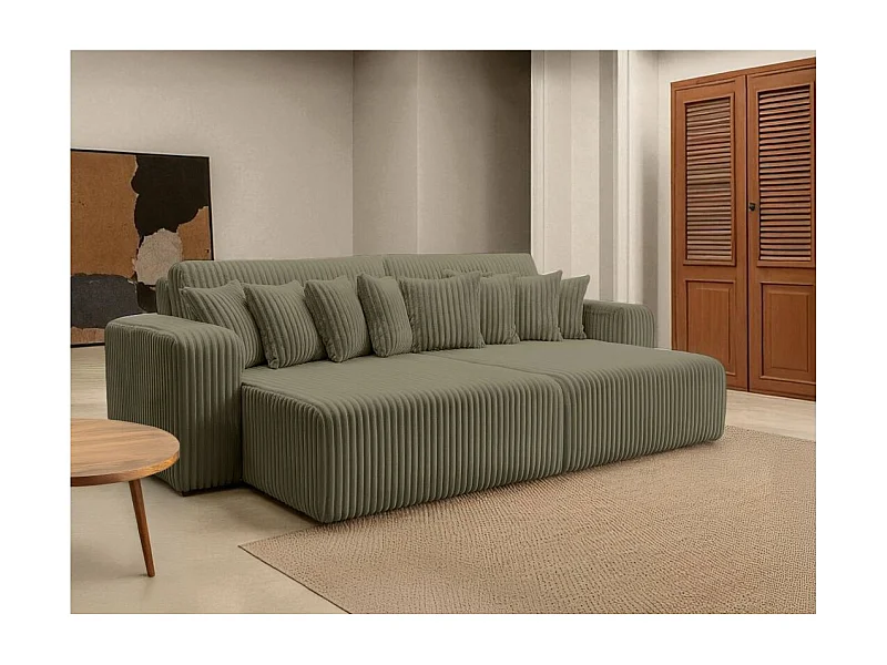 Canapé droit 4 places JADE double méridienne et assise profonde en velours côtelé épais - Vert Kaki