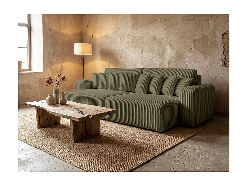 Canapé droit 4 places JADE double méridienne et assise profonde en velours côtelé épais - Vert Kaki