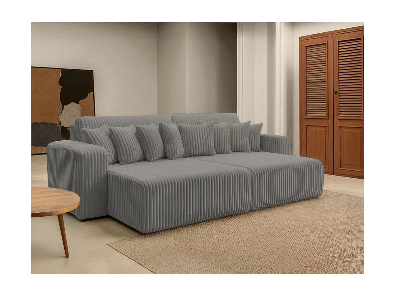 Canapé droit 4 places JADE double méridienne et assise profonde en velours côtelé épais - Gris anthracite