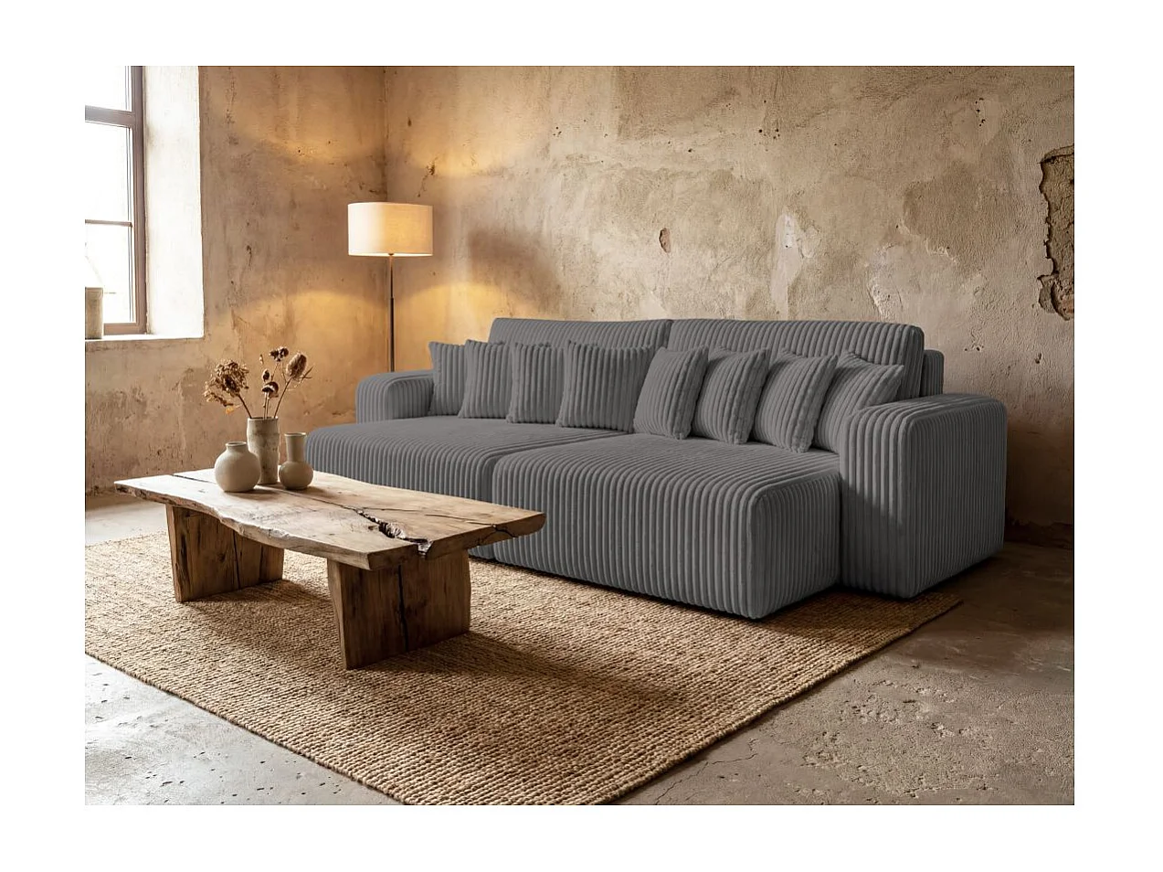 Canapé droit 4 places JADE double méridienne et assise profonde en velours côtelé épais - Gris anthracite