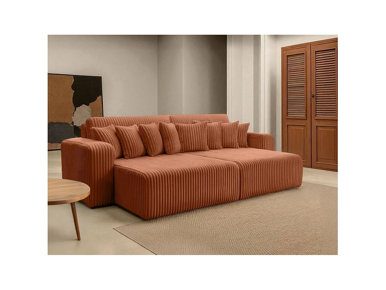 Canapé droit 4 places JADE double méridienne et assise profonde en velours côtelé épais - Terracotta