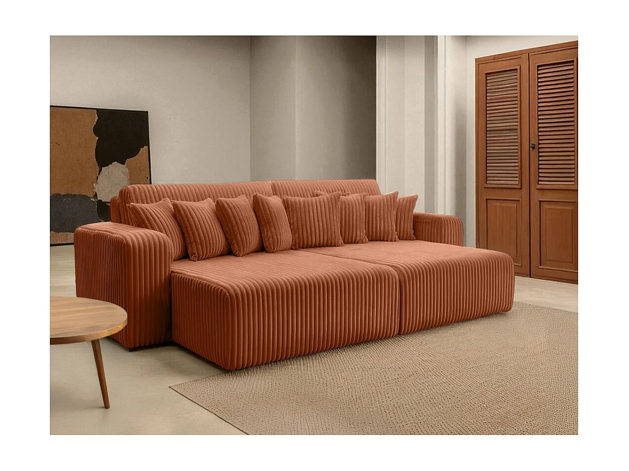Canapé droit 4 places JADE double méridienne et assise profonde en velours côtelé épais - Terracotta