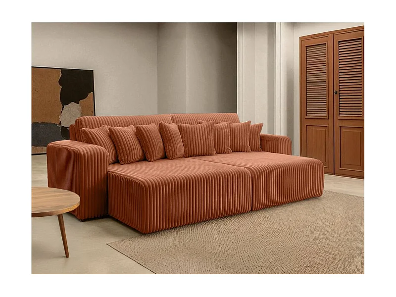 Canapé droit 4 places JADE double méridienne et assise profonde en velours côtelé épais - Terracotta