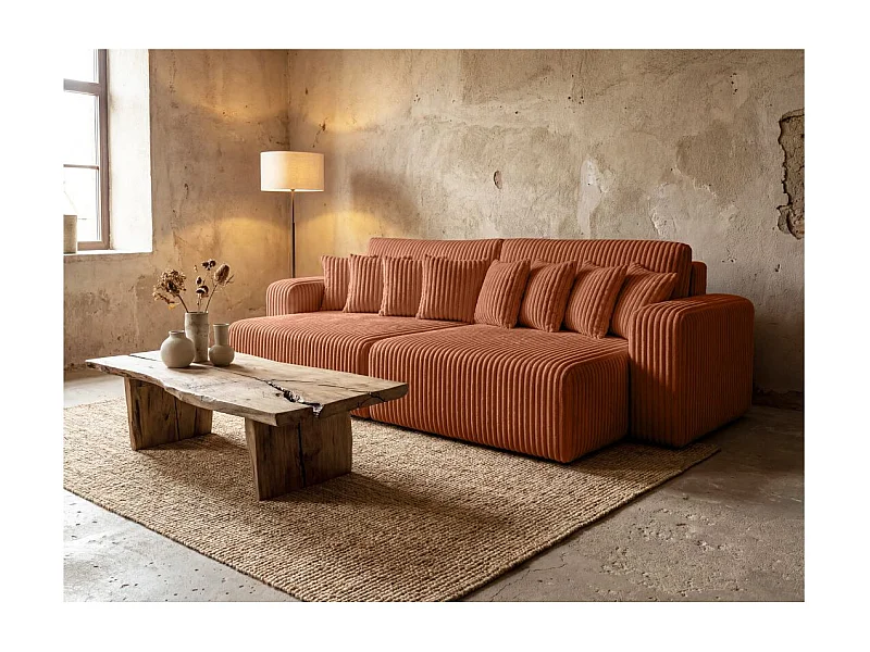 Canapé droit 4 places JADE double méridienne et assise profonde en velours côtelé épais - Terracotta