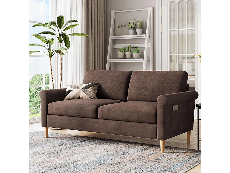 Divano a 2 posti in tessuto di velluto marrone, 165 cm, stile scandinavo moderno per soggiorno, appartamento, piccolo spazio, gambe in legno massello, 168x88x75