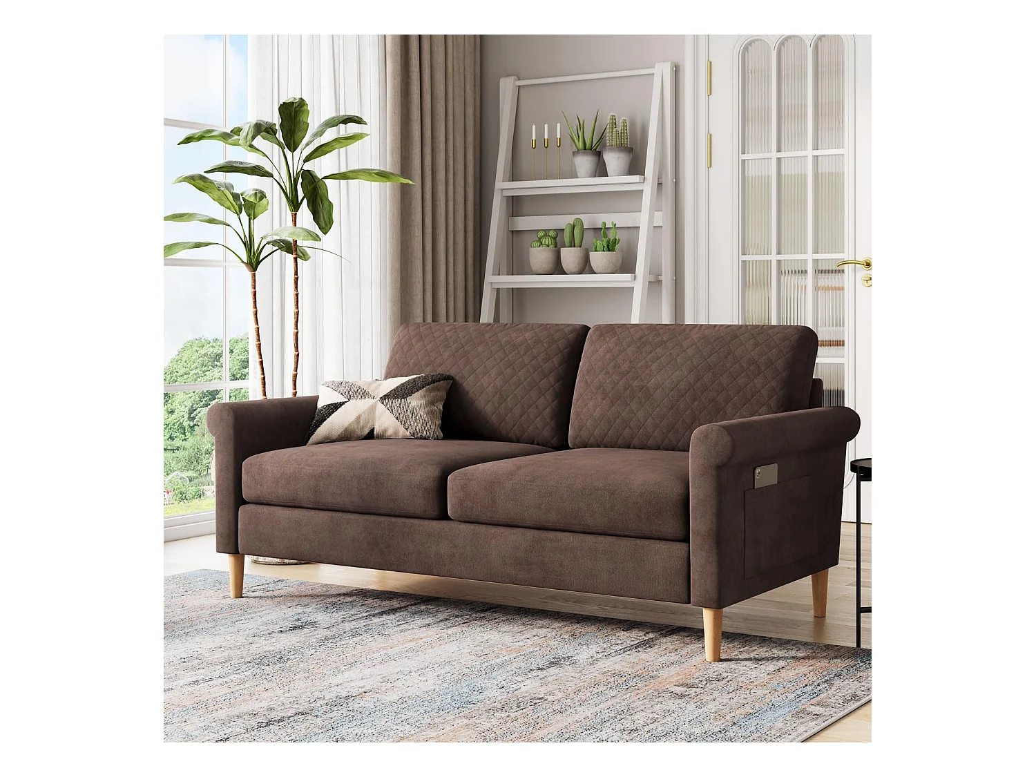 2-zitsbank in bruine fluwelen stof, 165 cm, moderne Scandinavische stijl voor woonkamer, appartement, kleine ruimte, massief houten poten, 168x88x75