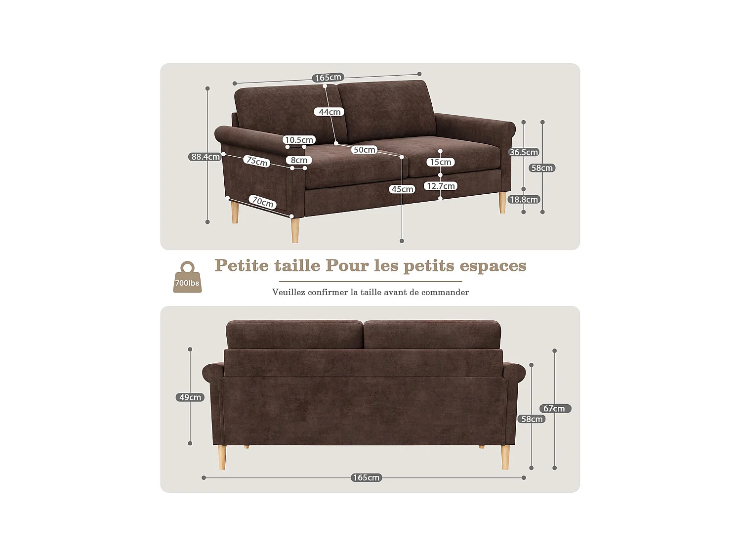 2-zitsbank in bruine fluwelen stof, 165 cm, moderne Scandinavische stijl voor woonkamer, appartement, kleine ruimte, massief houten poten, 168x88x75