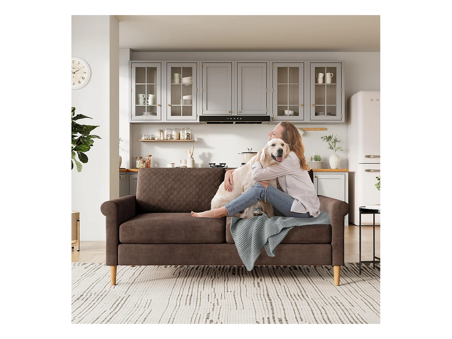 Canapé 2 Places en Tissu Velours Brun, 165cm Style Moderne Scandinave pour Salon, Appartement, Petit Espace, Pieds Bois Massif, 168x88x75