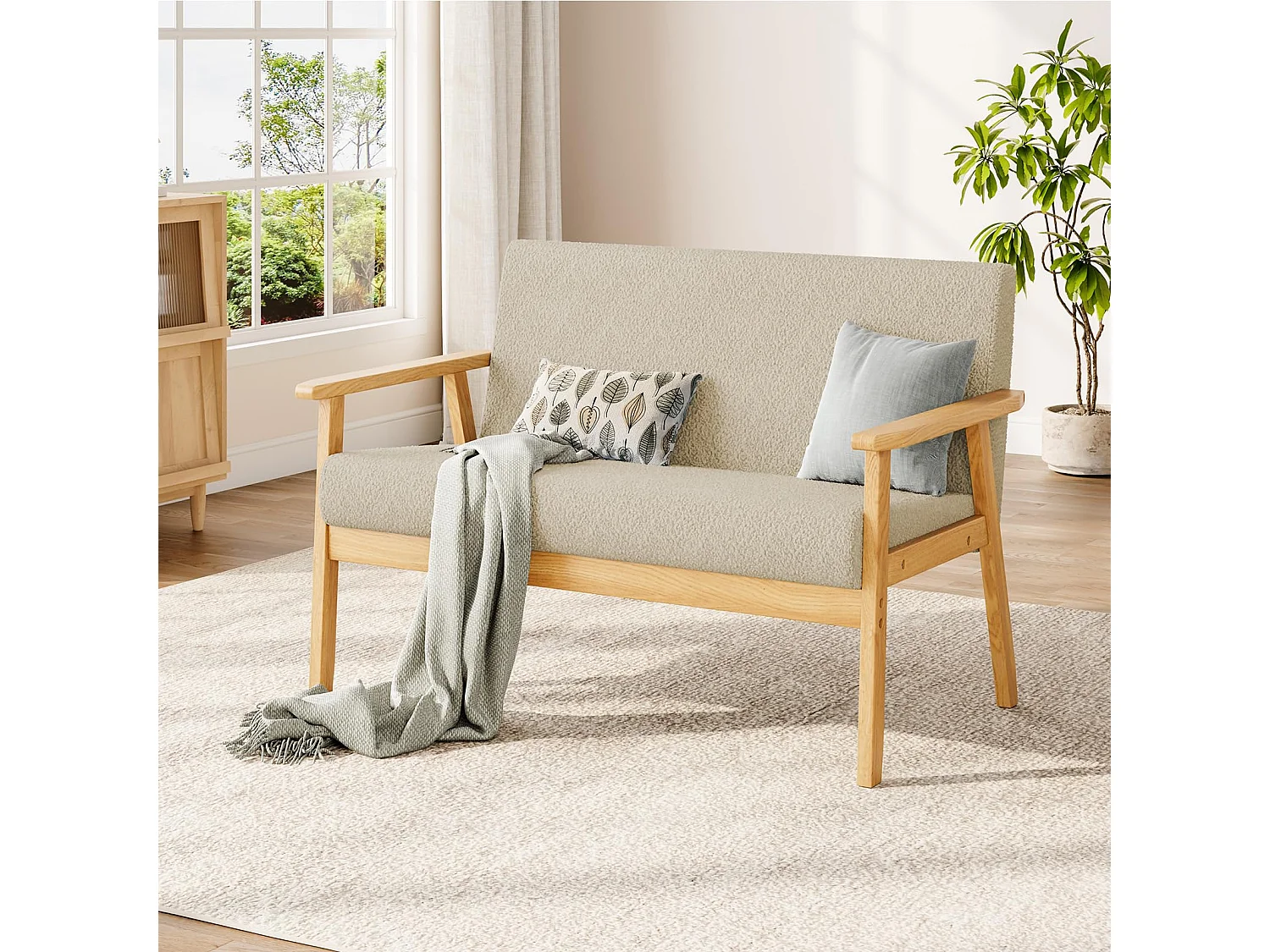 Canapé 2 Places, Moderne et scandinave, canapé Double en Velours Teddy en Bois, pour Salon, Chambre à Coucher, Bureau, 107 x 60 x 77 cm, Beige