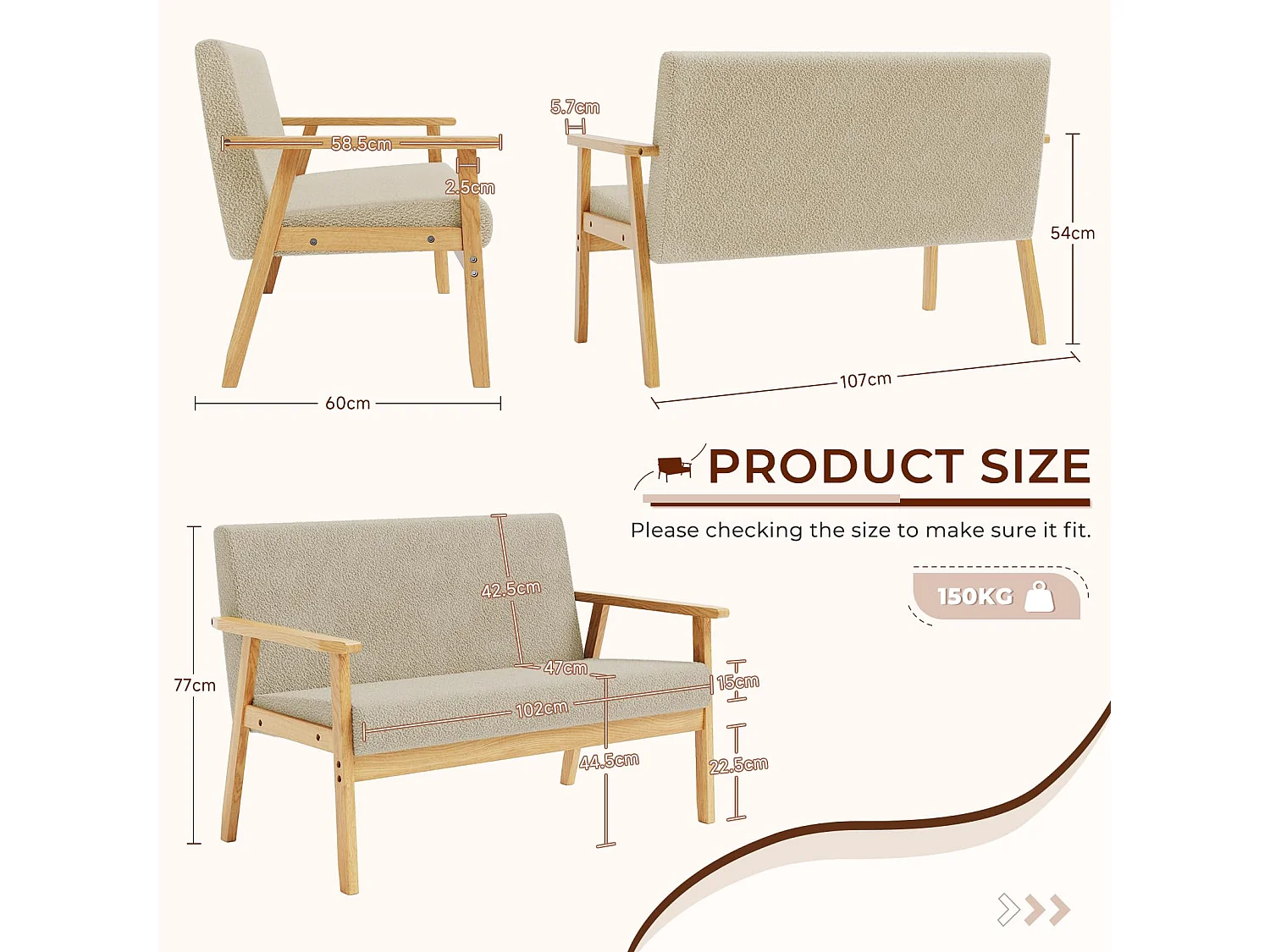 Canapé 2 Places, Moderne et scandinave, canapé Double en Velours Teddy en Bois, pour Salon, Chambre à Coucher, Bureau, 107 x 60 x 77 cm, Beige