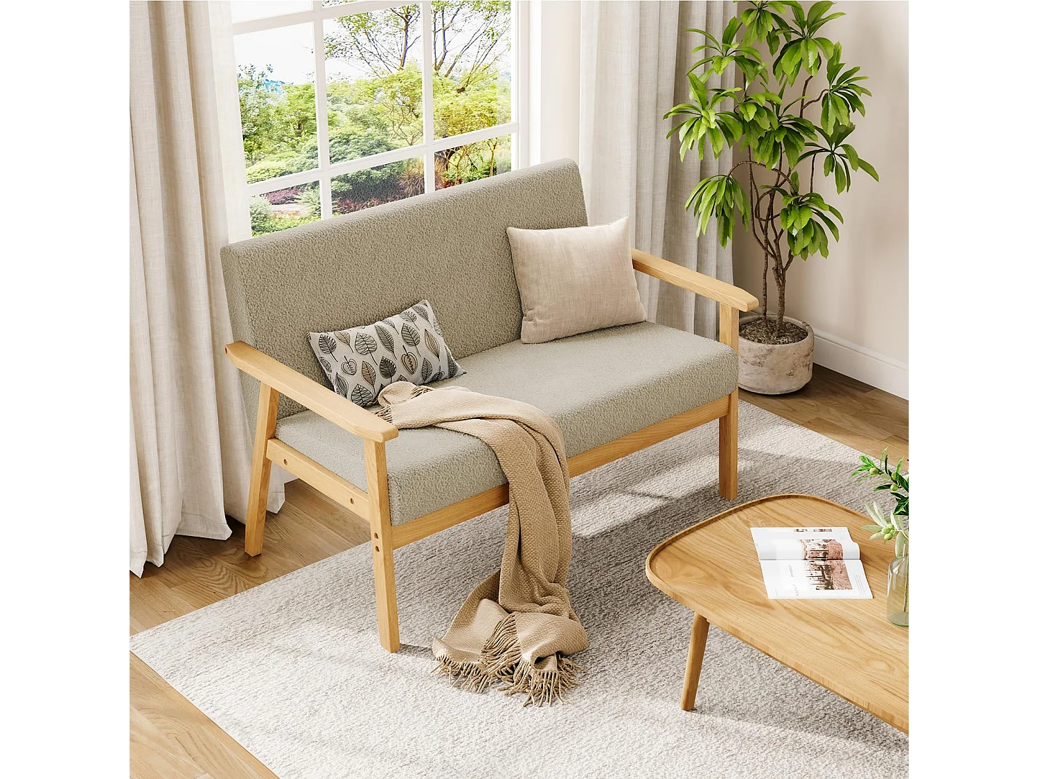 Canapé 2 Places, Moderne et scandinave, canapé Double en Velours Teddy en Bois, pour Salon, Chambre à Coucher, Bureau, 107 x 60 x 77 cm, Beige