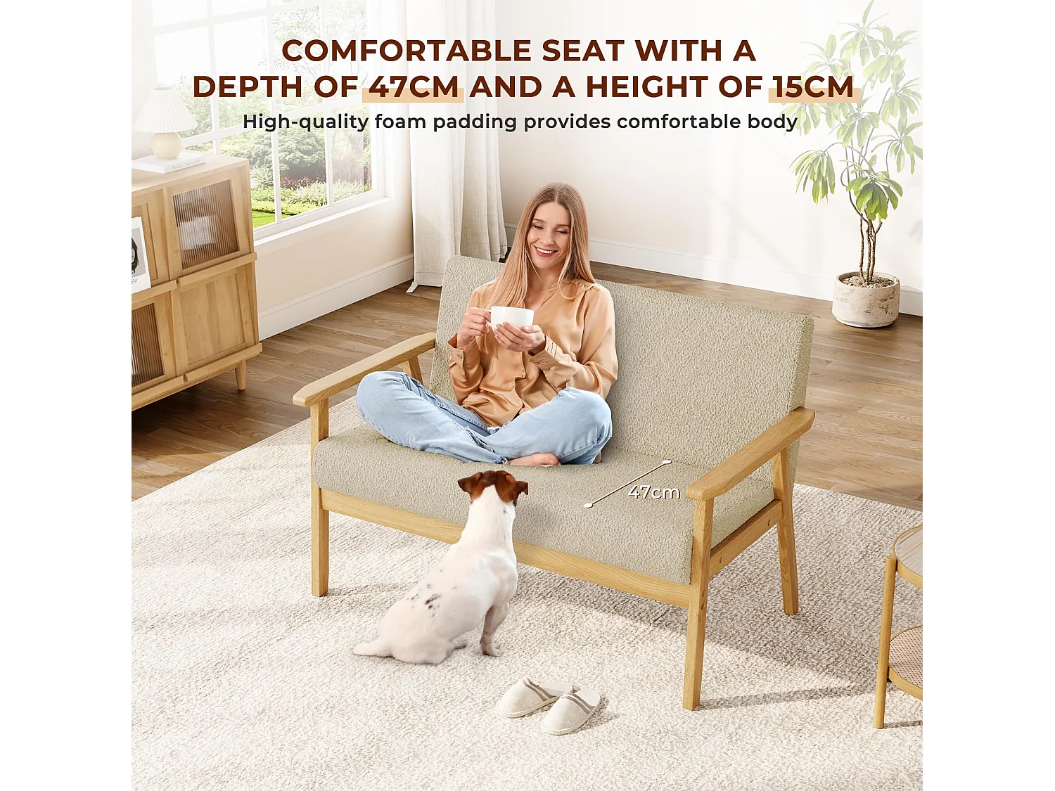 Canapé 2 Places, Moderne et scandinave, canapé Double en Velours Teddy en Bois, pour Salon, Chambre à Coucher, Bureau, 107 x 60 x 77 cm, Beige