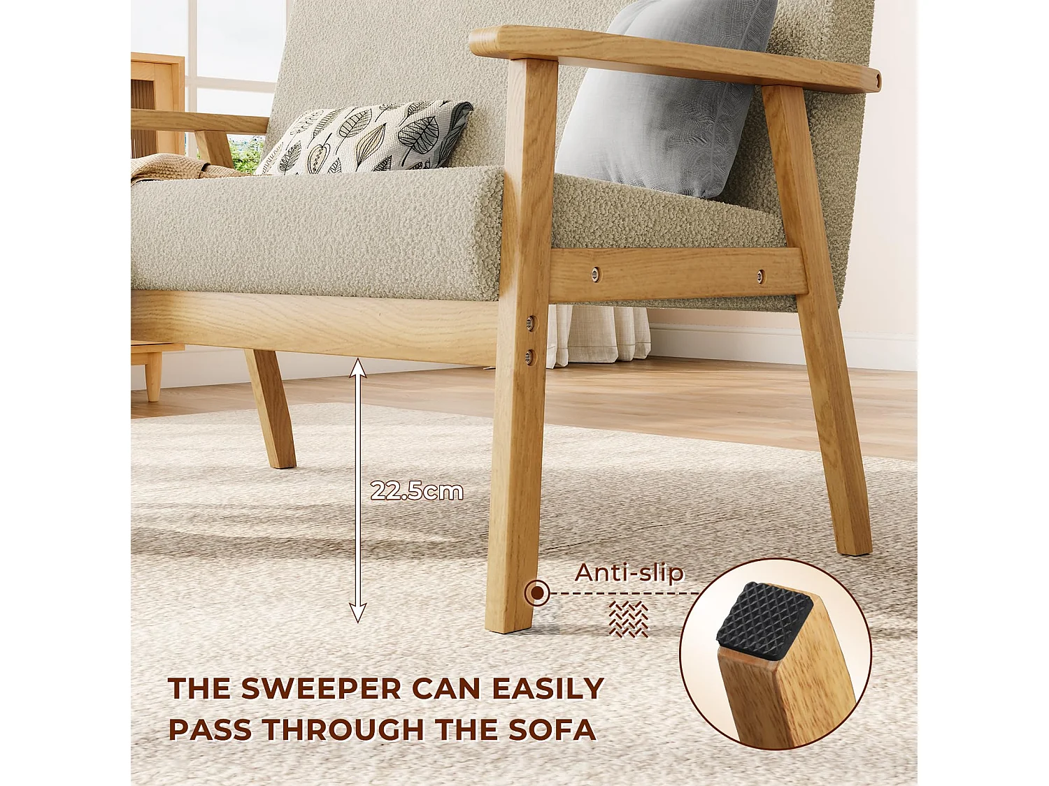 Canapé 2 Places, Moderne et scandinave, canapé Double en Velours Teddy en Bois, pour Salon, Chambre à Coucher, Bureau, 107 x 60 x 77 cm, Beige