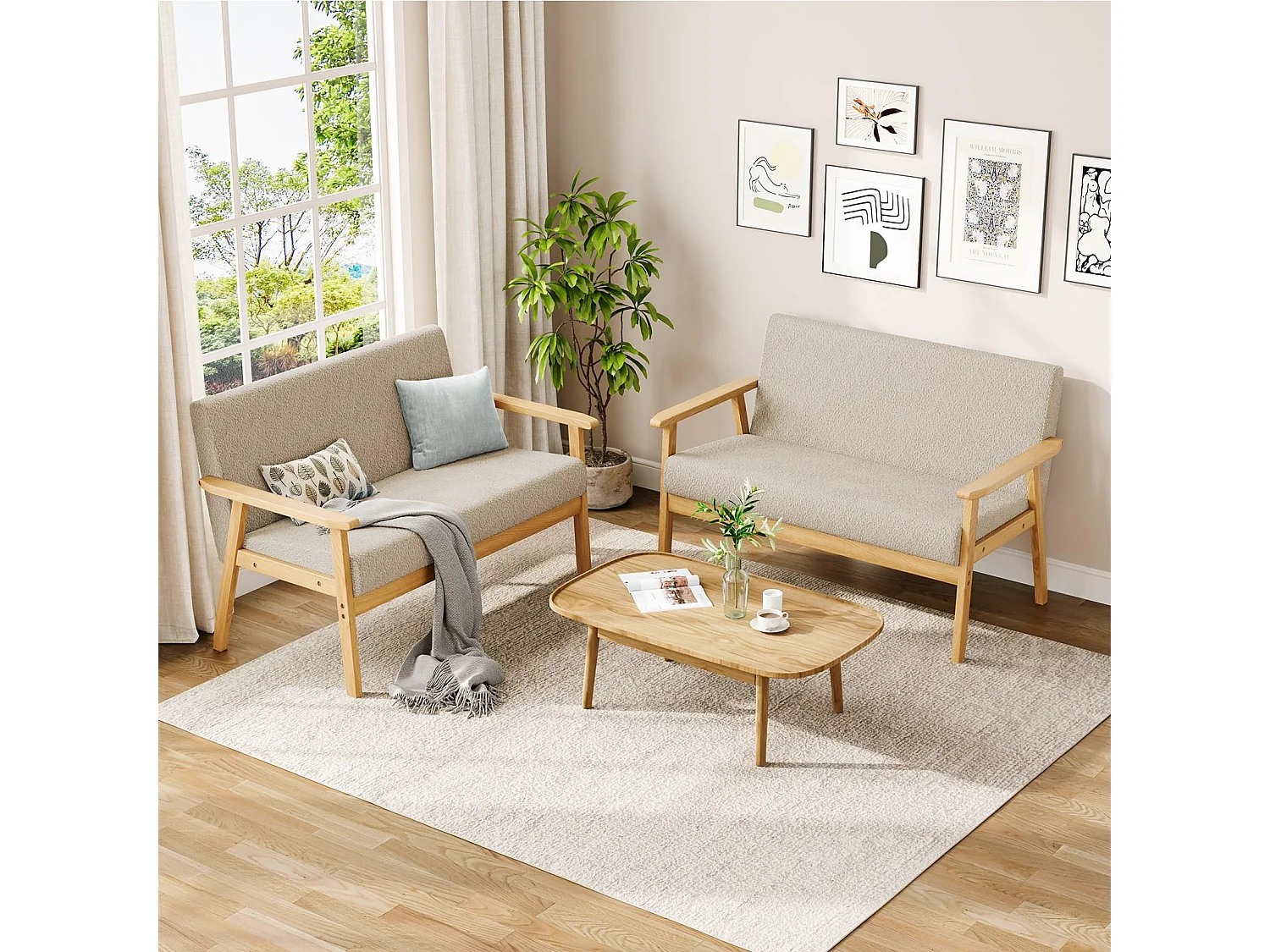 Canapé 2 Places, Moderne et scandinave, canapé Double en Velours Teddy en Bois, pour Salon, Chambre à Coucher, Bureau, 107 x 60 x 77 cm, Beige