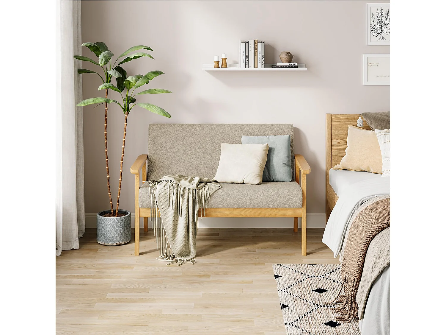 Canapé 2 Places, Moderne et scandinave, canapé Double en Velours Teddy en Bois, pour Salon, Chambre à Coucher, Bureau, 107 x 60 x 77 cm, Beige