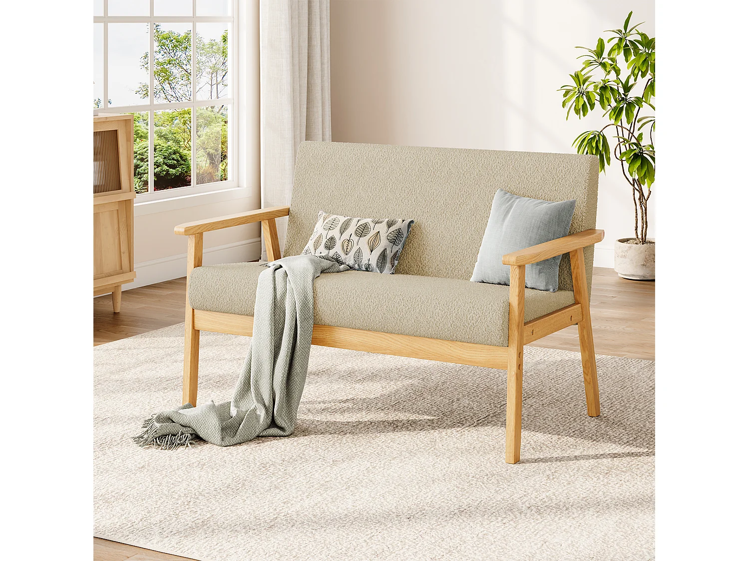 Canapé 2 Places, Moderne et scandinave, canapé Double en Velours Teddy en Bois, pour Salon, Chambre à Coucher, Bureau, 107 x 60 x 77 cm, Beige
