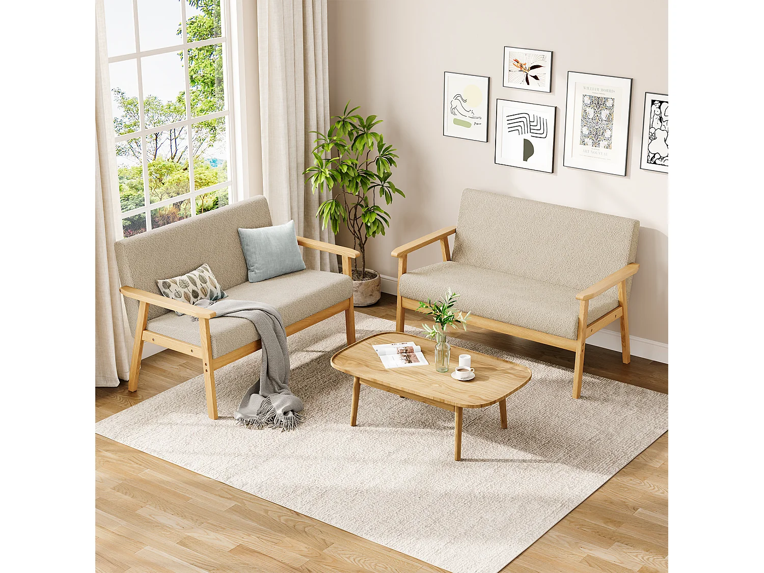 Canapé 2 Places, Moderne et scandinave, canapé Double en Velours Teddy en Bois, pour Salon, Chambre à Coucher, Bureau, 107 x 60 x 77 cm, Beige