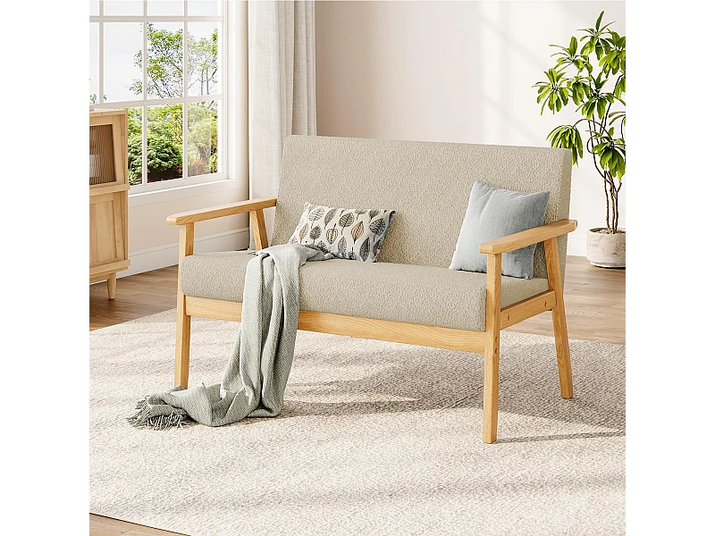 Canapé 2 Places, Moderne et scandinave, canapé Double en Velours Teddy en Bois, pour Salon, Chambre à Coucher, Bureau, 107 x 60 x 77 cm, Beige