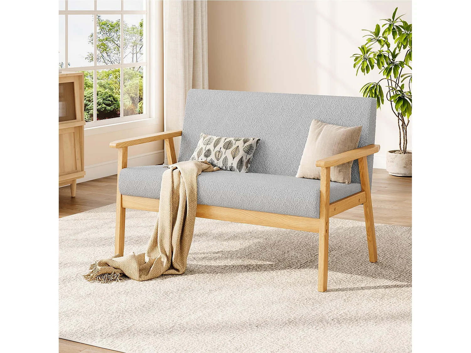 Canapé 2 Places, Moderne et scandinave, canapé Double en Velours Teddy en Bois, pour Salon, Chambre à Coucher, Bureau, 107 x 60 x 77 cm, Gris Clair