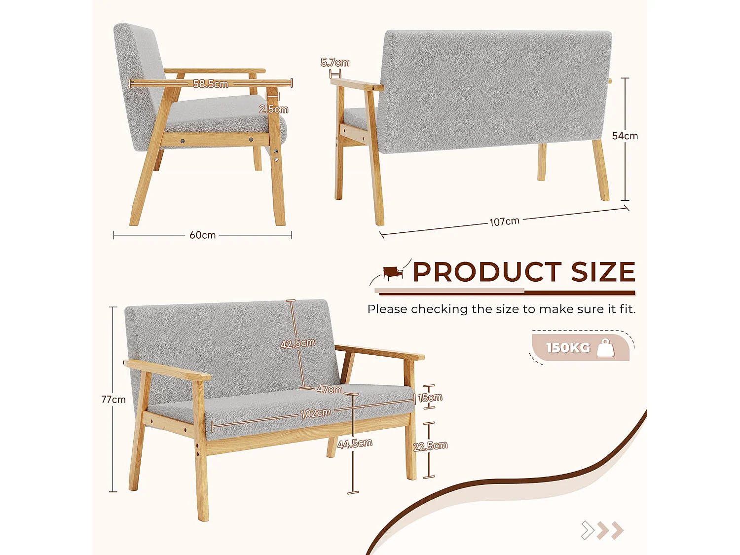 Canapé 2 Places, Moderne et scandinave, canapé Double en Velours Teddy en Bois, pour Salon, Chambre à Coucher, Bureau, 107 x 60 x 77 cm, Gris Clair
