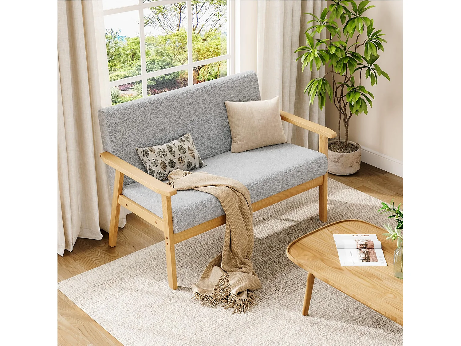 Canapé 2 Places, Moderne et scandinave, canapé Double en Velours Teddy en Bois, pour Salon, Chambre à Coucher, Bureau, 107 x 60 x 77 cm, Gris Clair