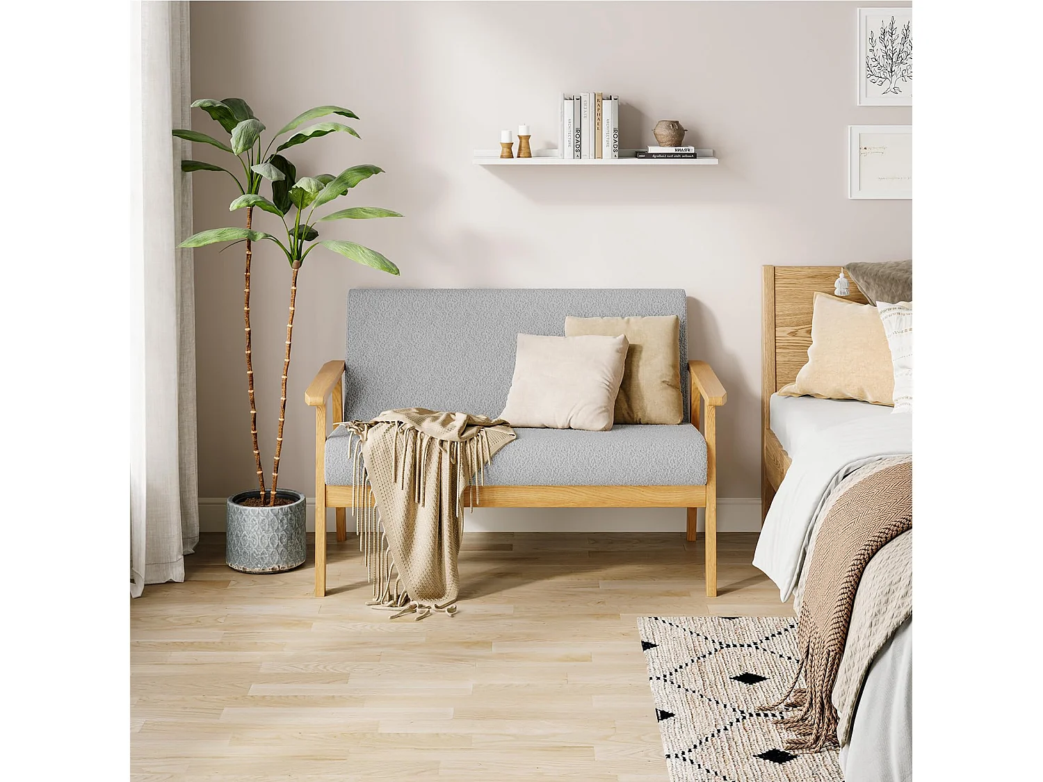 Canapé 2 Places, Moderne et scandinave, canapé Double en Velours Teddy en Bois, pour Salon, Chambre à Coucher, Bureau, 107 x 60 x 77 cm, Gris Clair