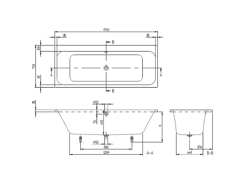 Baignoire droite VILLEROY & BOCH Architectura avec pieds 170 x 70 cm Blanc + Pare bain gauche AURYS Raywall chromé
