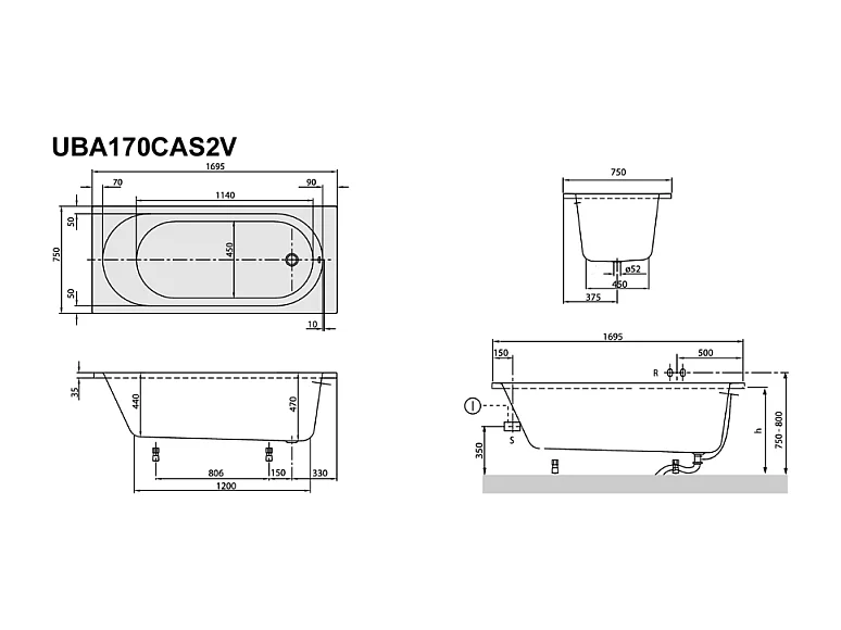 Baignoire droite VILLEROY & BOCH O.novo 170 x 75 cm Blanc + Pare Bain gauche AURYS Mist 1 chromé