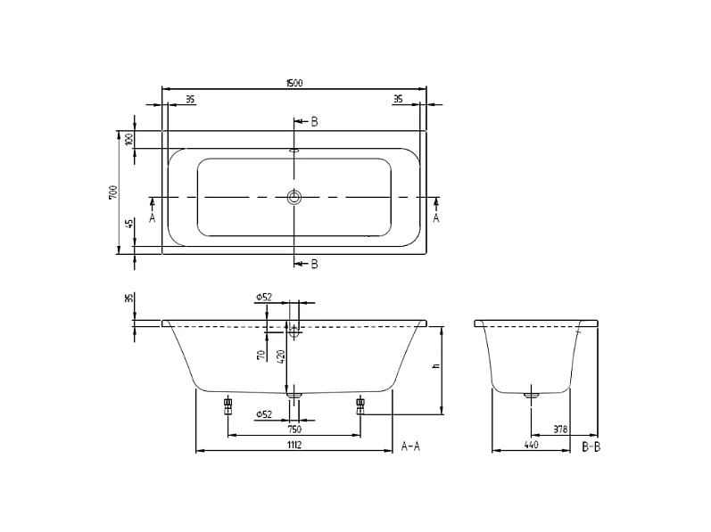Baignoire droite VILLEROY & BOCH Architectura avec pieds 150 x 70 cm Blanc + Pare bain gauche AURYS Raywall chromé