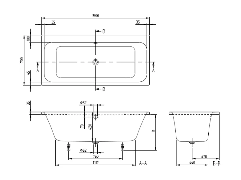 Baignoire droite VILLEROY & BOCH Architectura avec pieds 150 x 70 cm Blanc + Pare bain gauche AURYS Raywall chromé