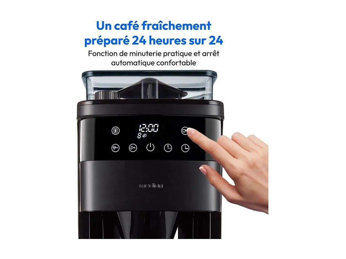 Cafetiere Filtre Digitale Isotherme avec Broyeur - MEDION - 1000W - 1,0L - Noir