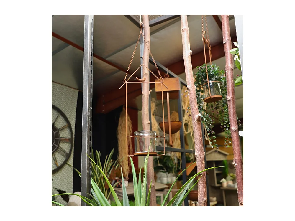 Photophore de jardin en métal rouillé à suspendre L.20 x Ht.50 cm