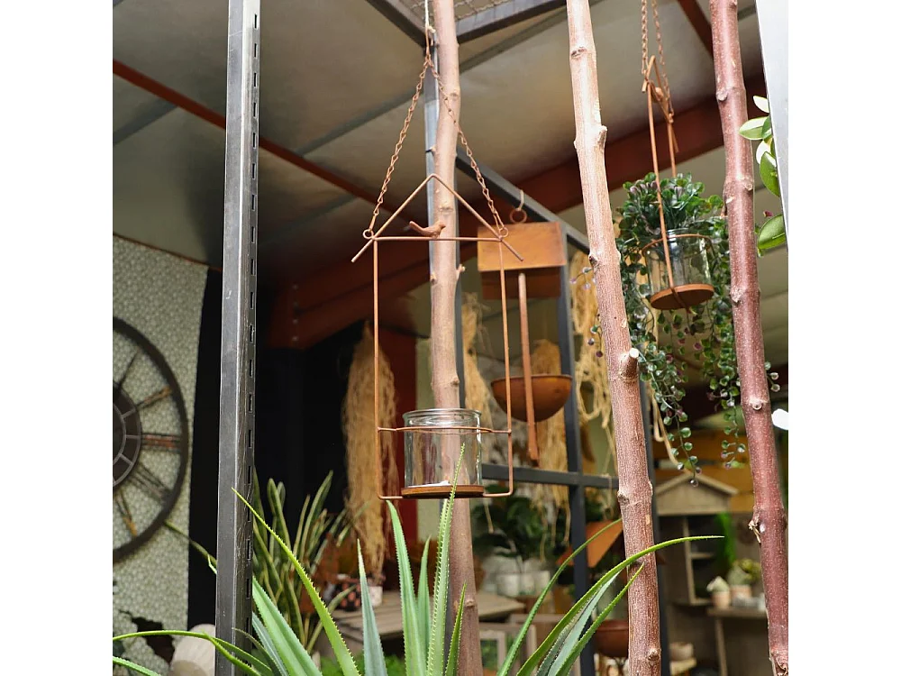 Photophore de jardin en métal rouillé à suspendre L.20 x Ht.50 cm