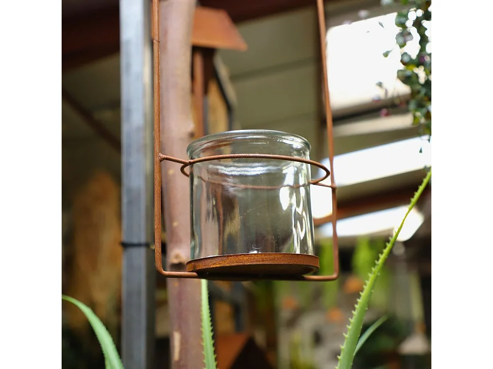Photophore de jardin en métal rouillé à suspendre L.20 x Ht.50 cm