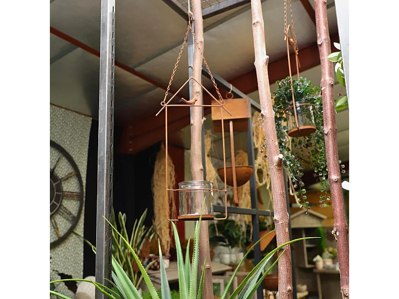 Photophore de jardin en métal rouillé à suspendre L.20 x Ht.50 cm