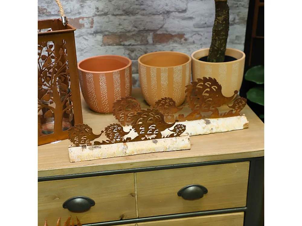 Hérisson statuette décoration jardin métal rouillé bois marron 40x14cm