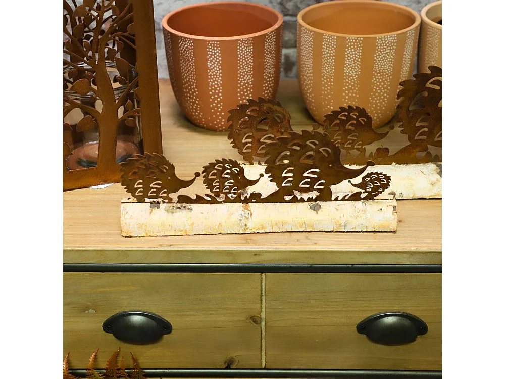 Hérisson statuette décoration jardin métal rouillé bois marron 40x14cm