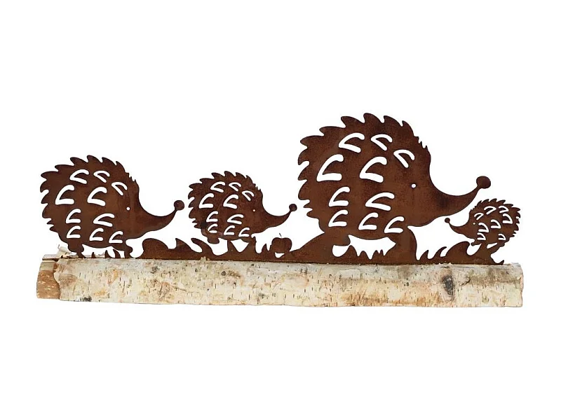 Hérisson statuette décoration jardin métal rouillé bois marron 40x14cm