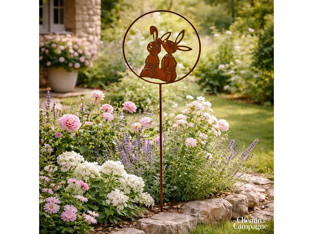 Médaillon "Lapins" à piquer en métal rouillé Ø.28 x Ht.78 cm